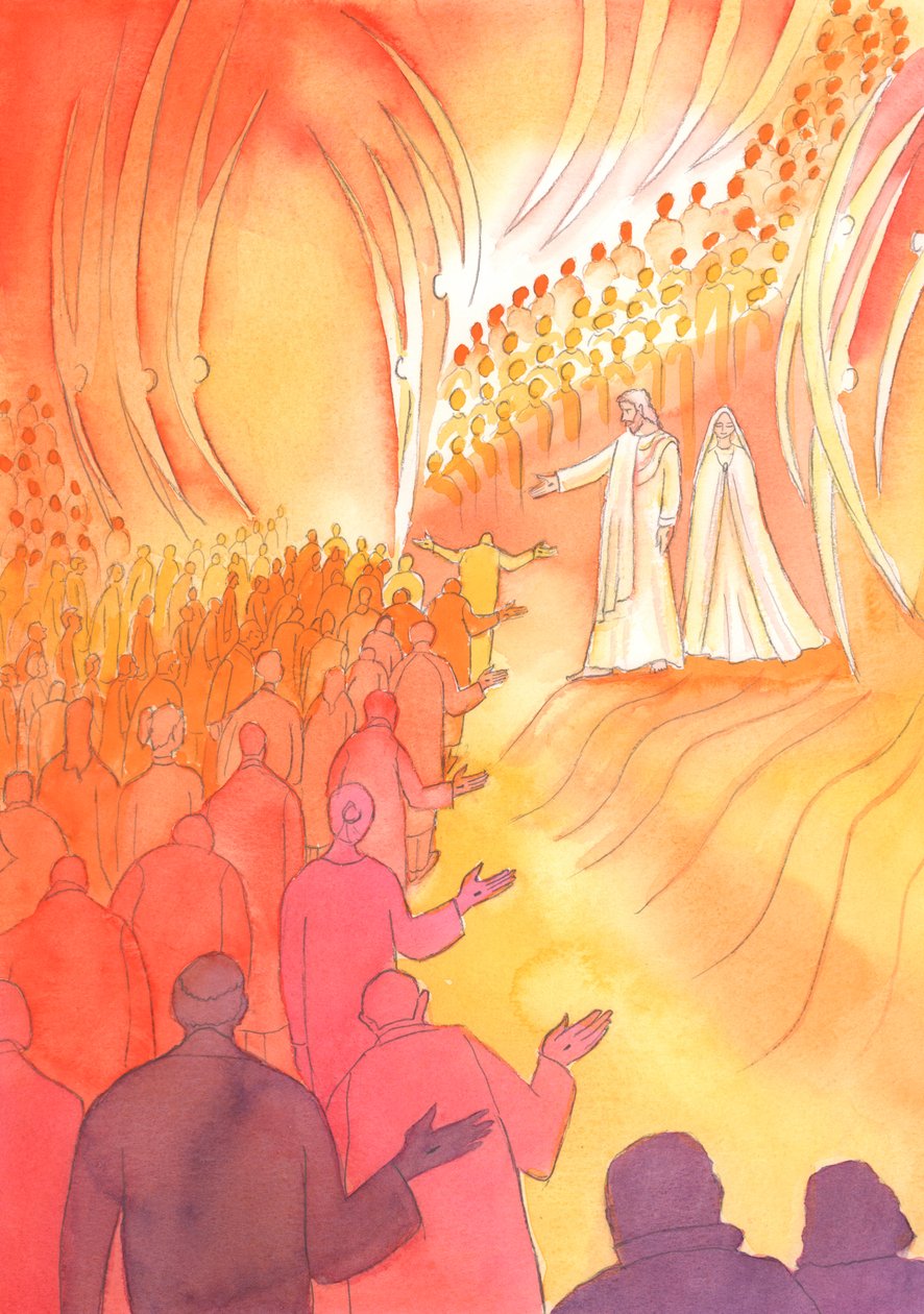 Jesus korsfestet venter ved himmelens port, med sin mor Maria og de hellige engler, 2000 (w/c på papir) av Elizabeth Wang