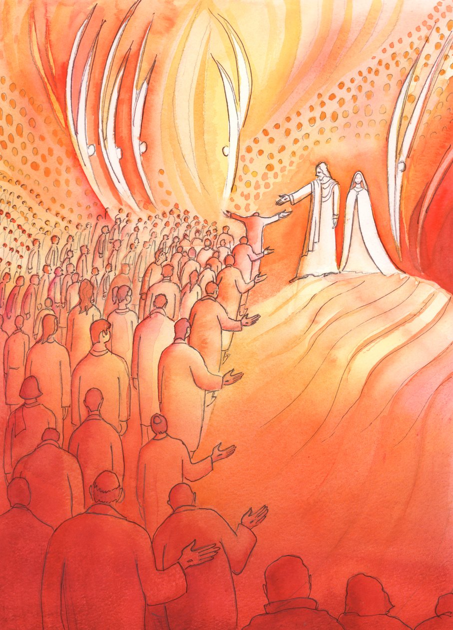 Jesus korsfestet venter ved himmelens port, med sin mor Maria og de hellige engler, 2000 (w/c på papir) av Elizabeth Wang