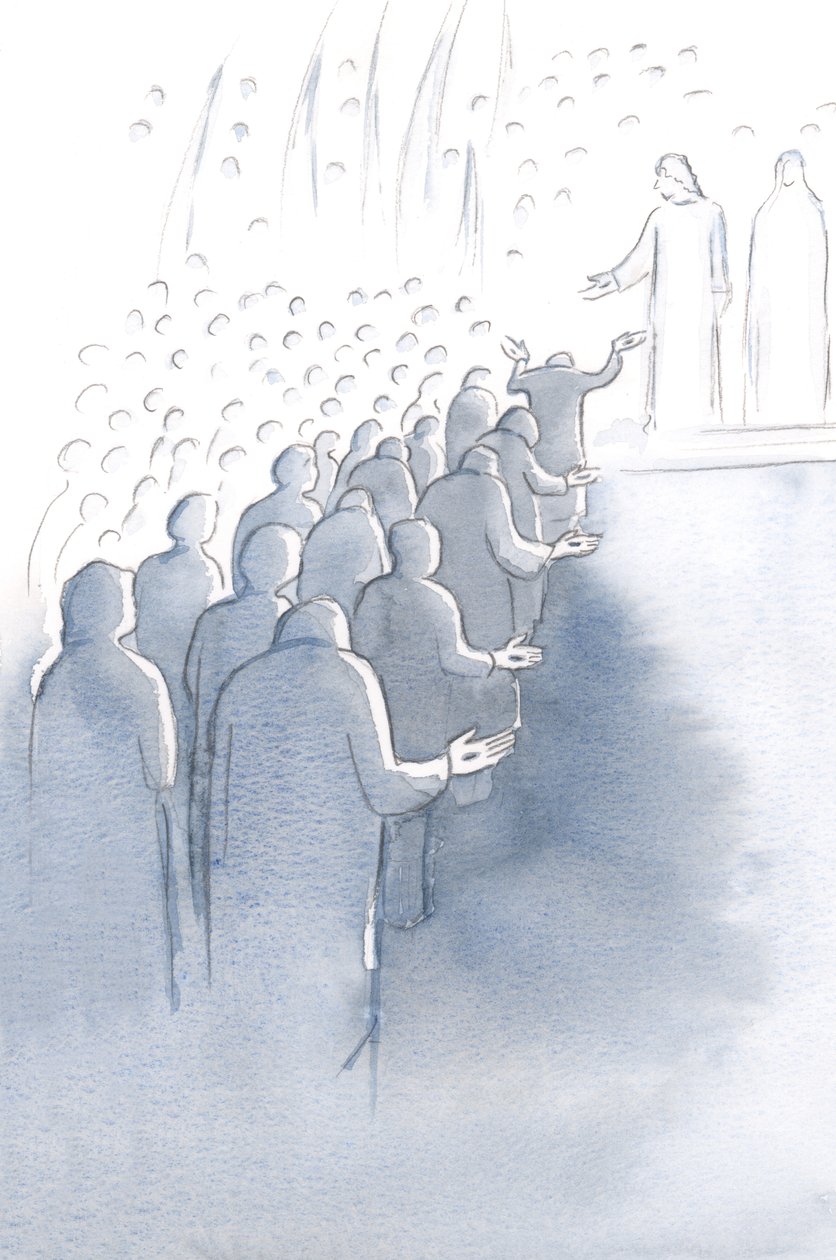 Jesus korsfestet venter ved himmelens port, med sin mor Maria og de hellige engler, 2000 (w/c på papir) av Elizabeth Wang