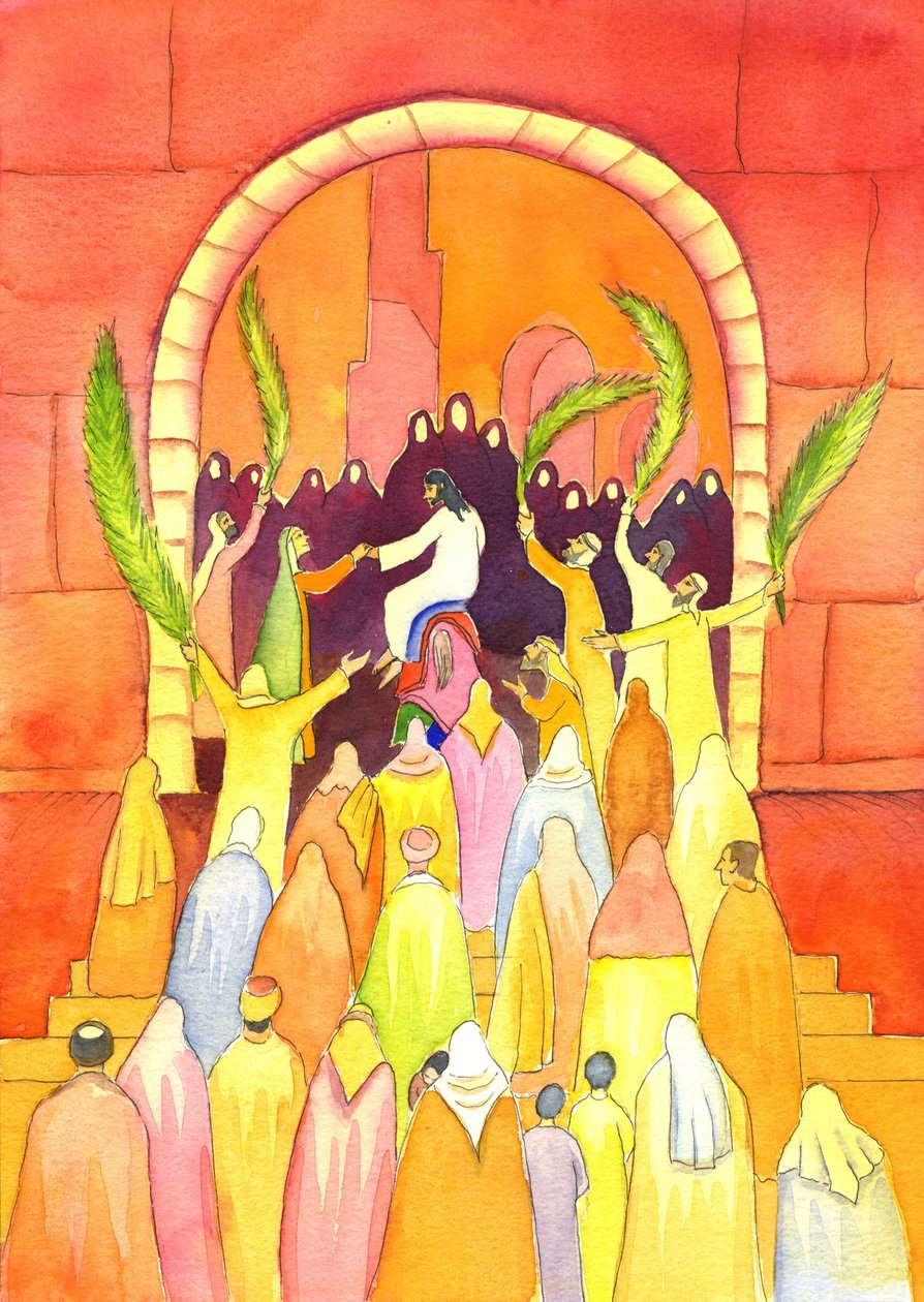 Jesus går inn i Jerusalem i prosesjon (palmesøndag), 2001 (w/c på papir) av Elizabeth Wang