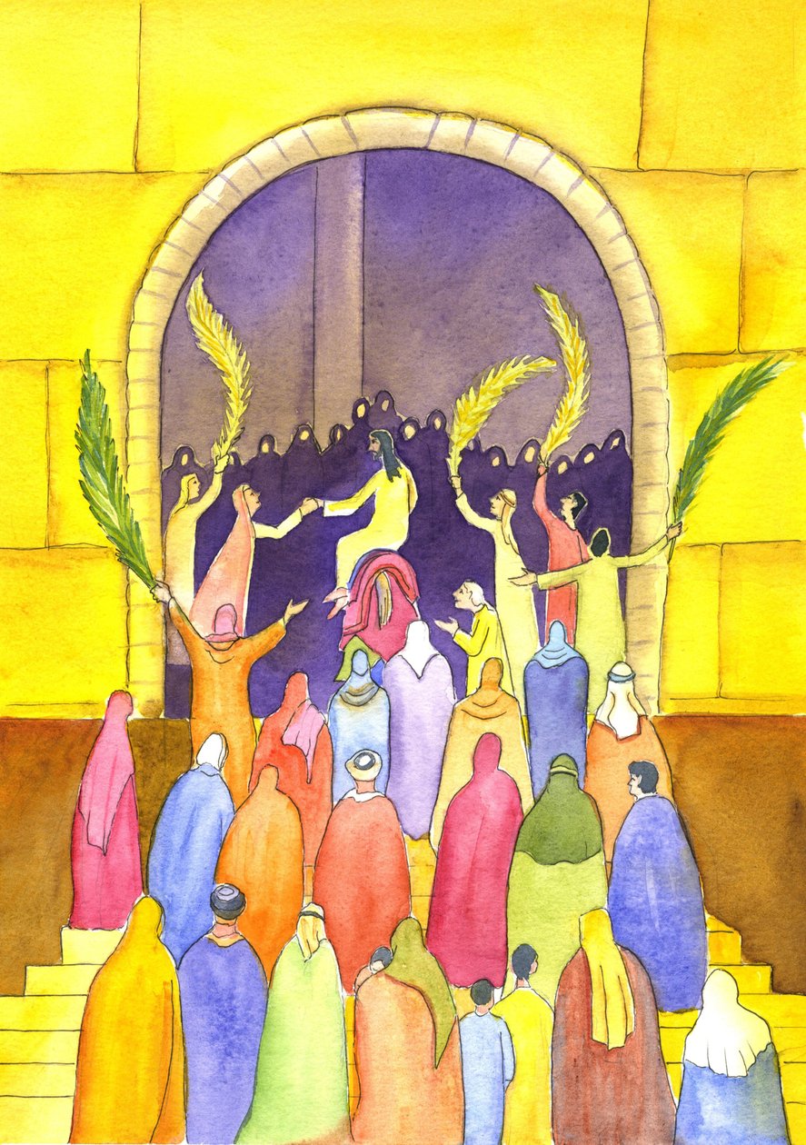 Jesus går inn i Jerusalem i prosesjon (palmesøndag), 2001 (w/c på papir) av Elizabeth Wang