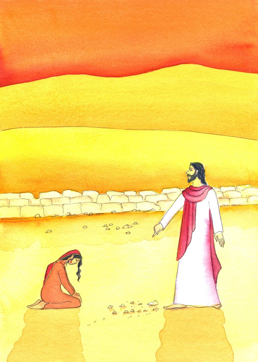 Jesus tilgir kvinnen tatt i utroskap, 2006 (w/c på papir) av Elizabeth Wang