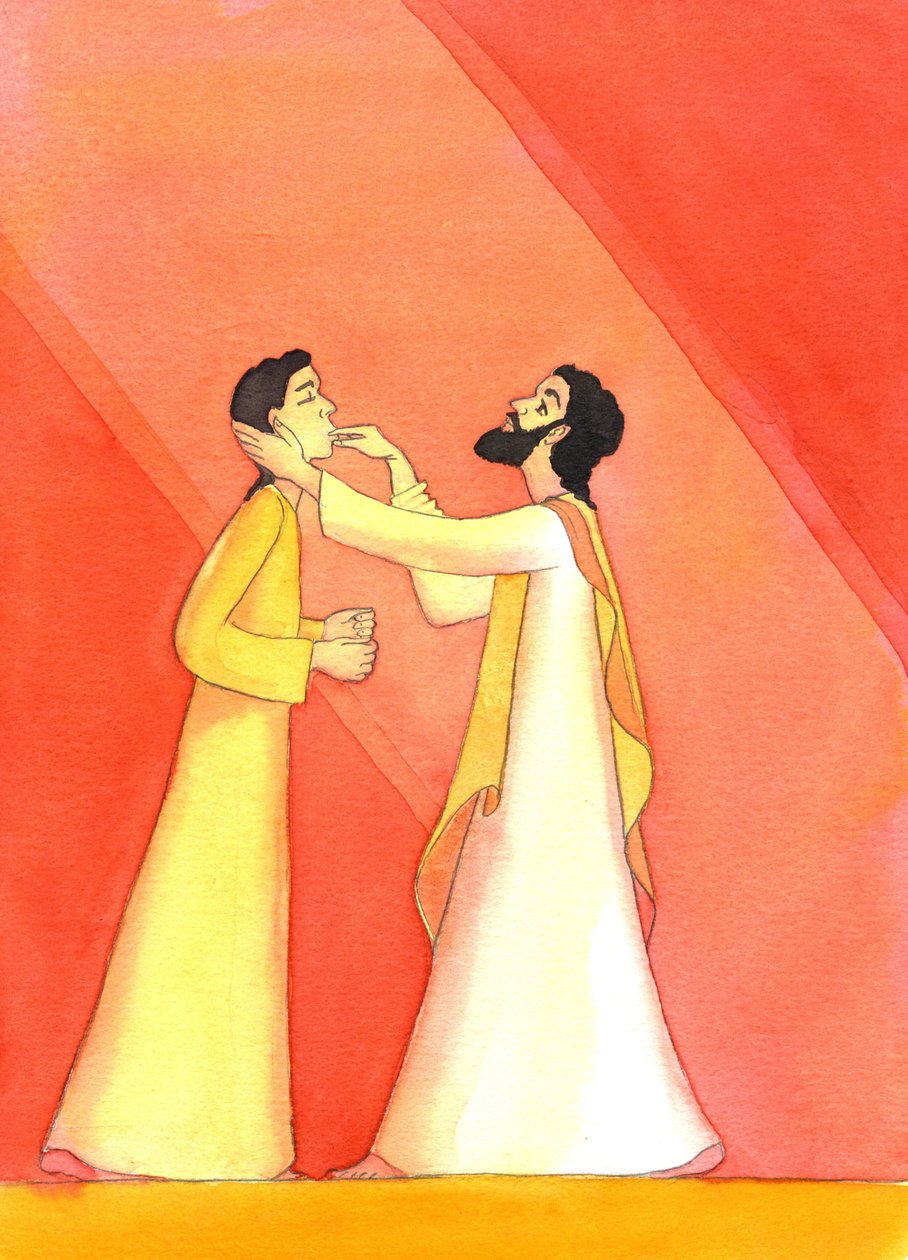 Jesus helbreder den døve, mens han løfter øynene mot himmelen, i bønn, 2001 (w/c på papir) av Elizabeth Wang