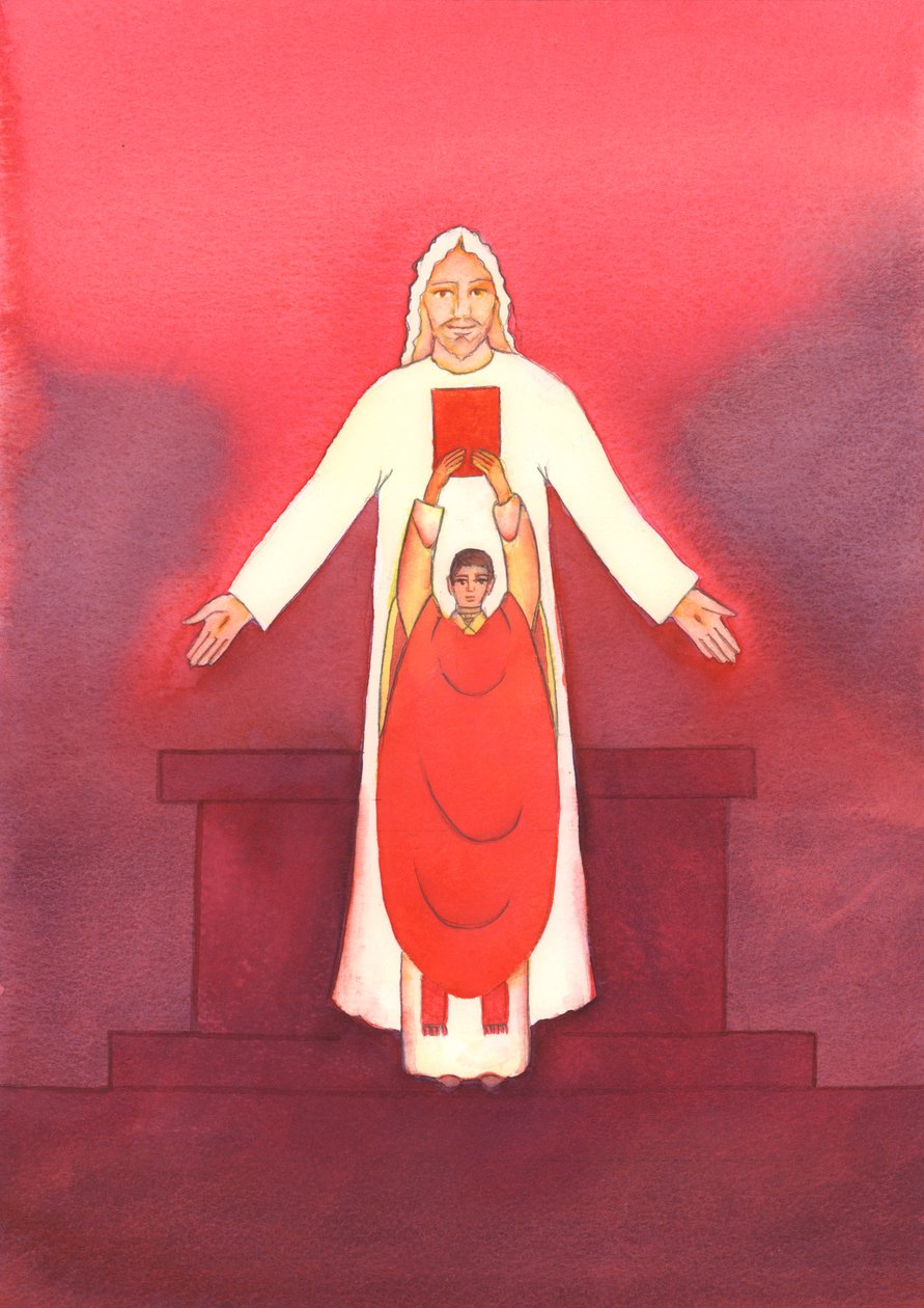 Jesus selv taler til oss gjennom Den hellige skrift, spesielt når evangeliet forkynnes ved messen, 2003 (w/c på papir) av Elizabeth Wang