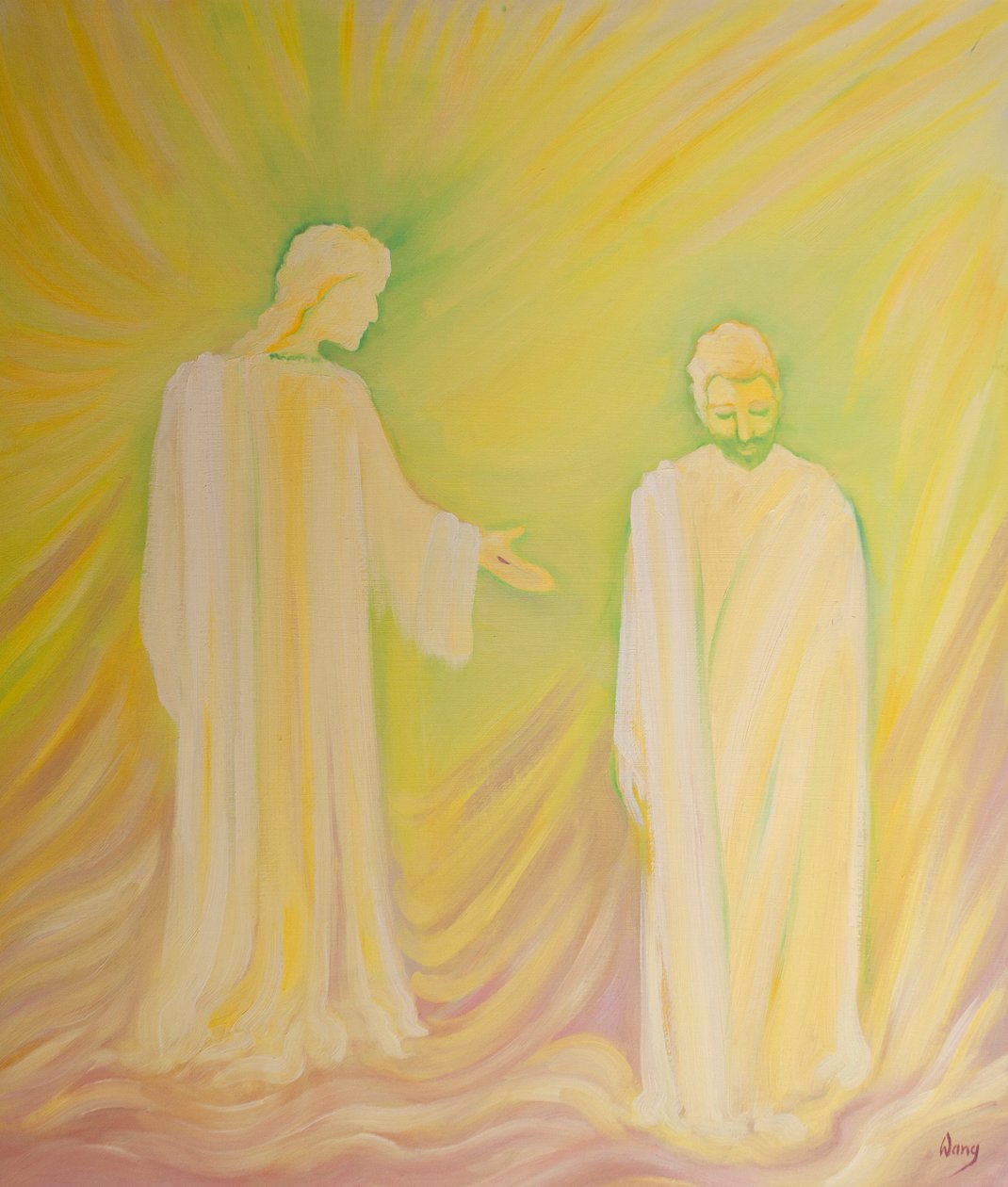 Jesus hedrer St. Josef sin fosterfar og ber oss beundre hans dyder og be om hans bønner, 2000 (olje om bord) av Elizabeth Wang
