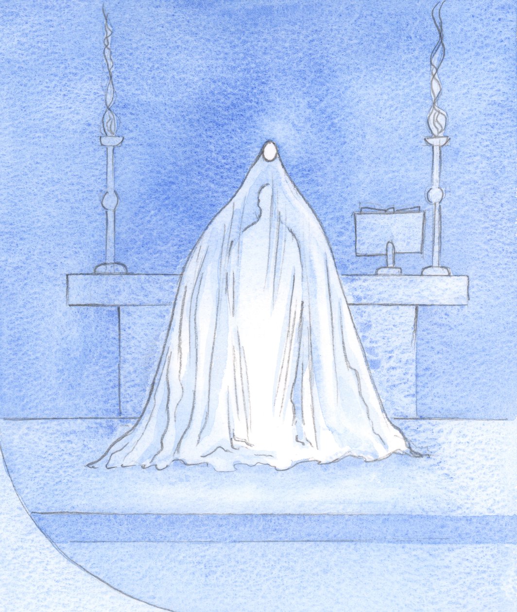 Jesus er Gud-med-oss, ved innvielsen, og skjuler sin herlighet, men all den herlighet som er skjult for oss her, er her ofret til Faderen., 2001 (w/c på papir) av Elizabeth Wang