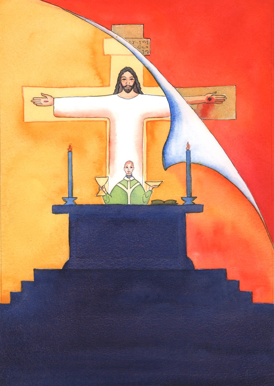 Jesus er tilstede hos oss i messen og ber til Faderen på våre vegne, om hjelp til våre behov og om evig frelse. Vi kan forene alle våre bønner med hans store offerbønn, 2004 (w/c on pa av Elizabeth Wang