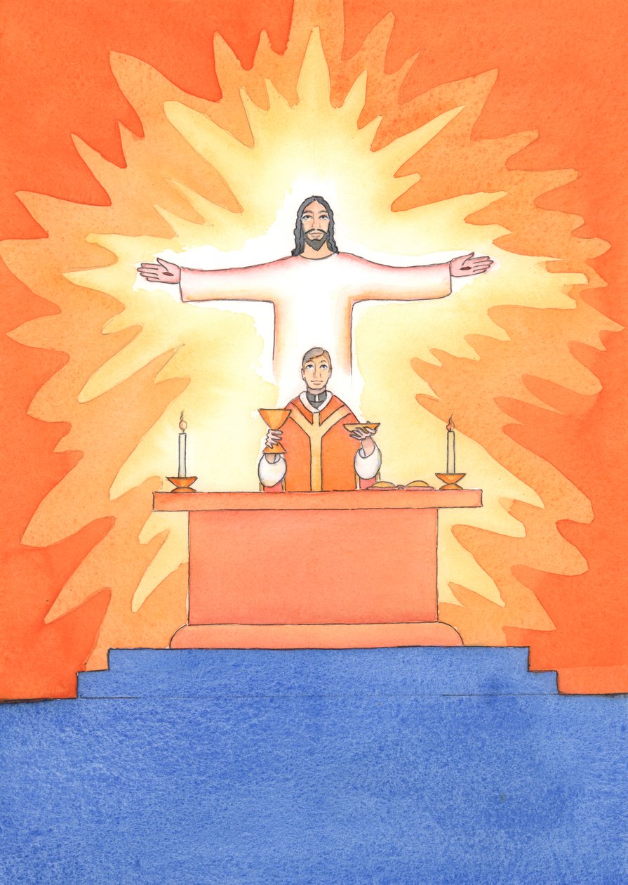 Jesus er tilstede hos oss i messen og ber til Faderen på våre vegne, om hjelp til våre behov og om evig frelse. Vi kan forene alle våre bønner med hans store offerbønn, 2004 (w/c on pa av Elizabeth Wang