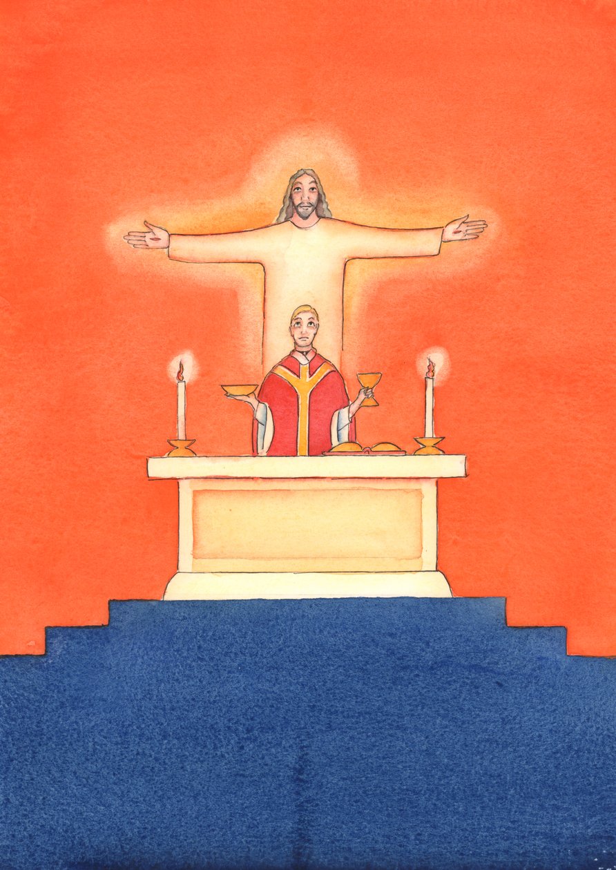 Jesus er tilstede hos oss i messen og ber til Faderen på våre vegne, om hjelp til våre behov og om evig frelse. Vi kan forene alle våre bønner med hans store offerbønn, 2004 (w/c on pa av Elizabeth Wang