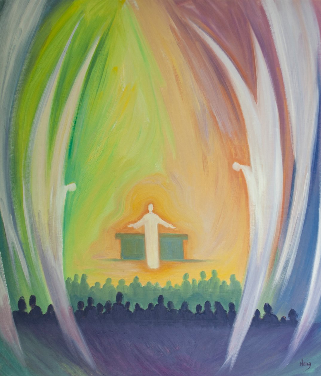 Jesus er virkelig tilstede med oss i messen, tilbedt av englene, 2000 (olje om bord) av Elizabeth Wang