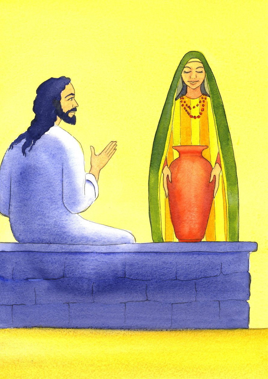 Jesus møter den samaritanske kvinnen ved brønnen, 2001 (w/c på papir) av Elizabeth Wang
