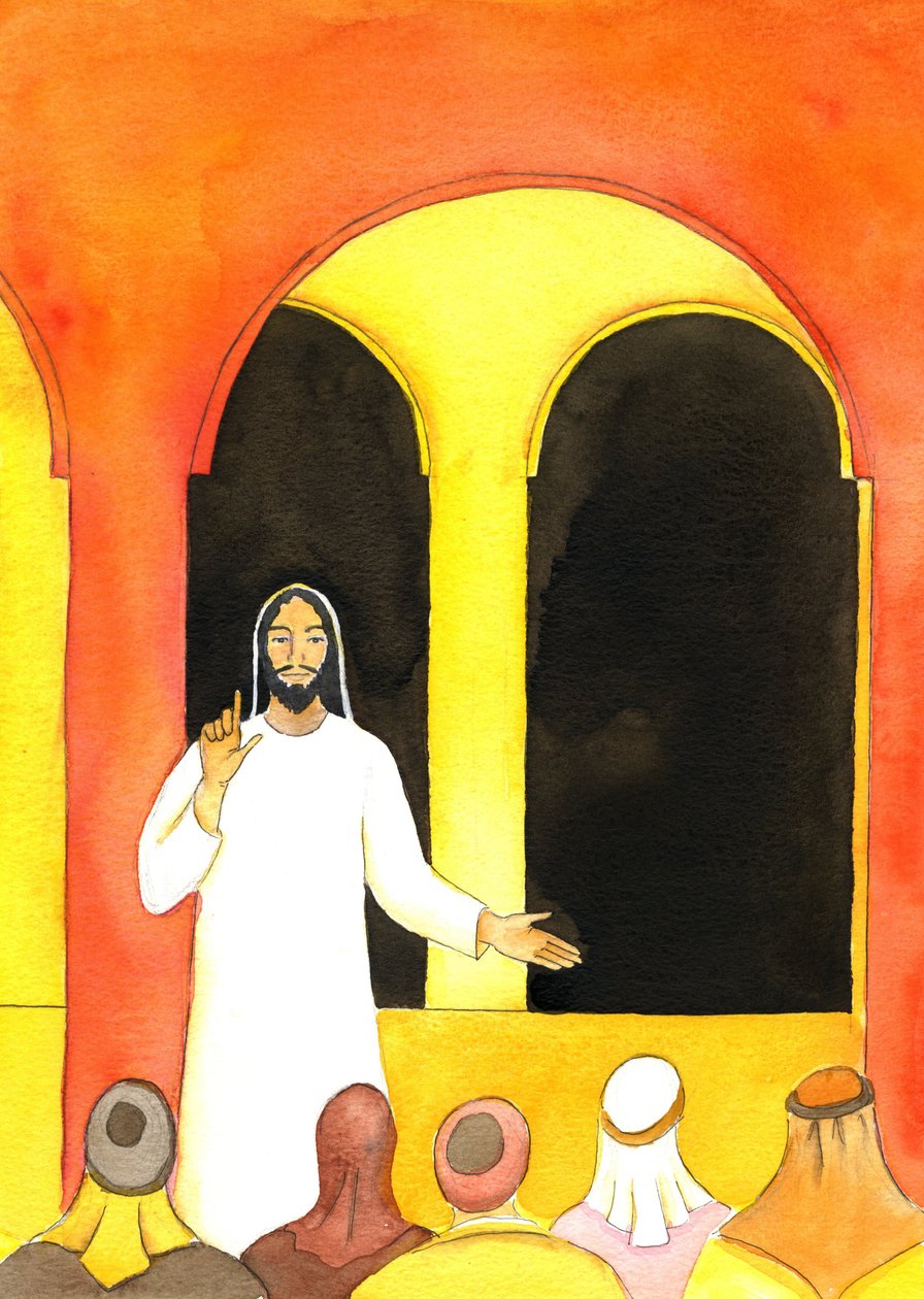 Jesus forkynte i tempelet, talte sannhet og gjorde noen mennesker sinte som deretter planla for å skade ham, 2001 (w/c på papir) av Elizabeth Wang
