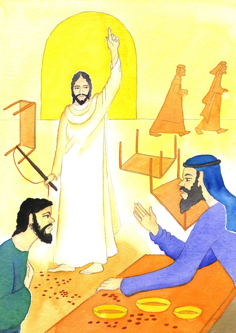 Jesus sier til pengevekslerne i tempelet: Står det ikke skrevet: "Mitt hus skal kalles et bedehus for alle folkeslag?", 2001 (w/c på papir) av Elizabeth Wang
