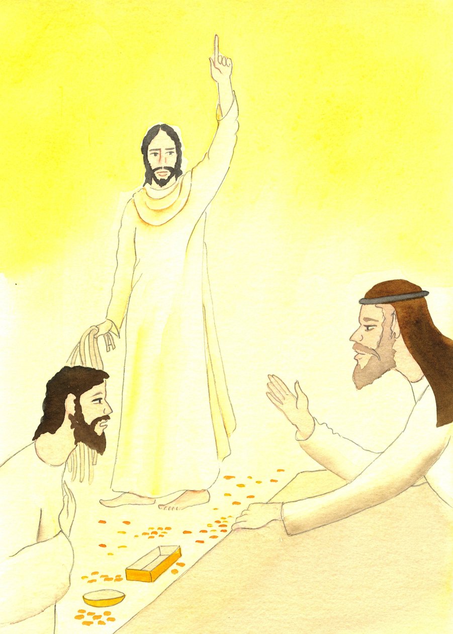 Jesus sier til pengevekslerne i tempelet: Står det ikke skrevet: "Mitt hus skal kalles et bedehus for alle folkeslag?", 2001 (w/c på papir) av Elizabeth Wang