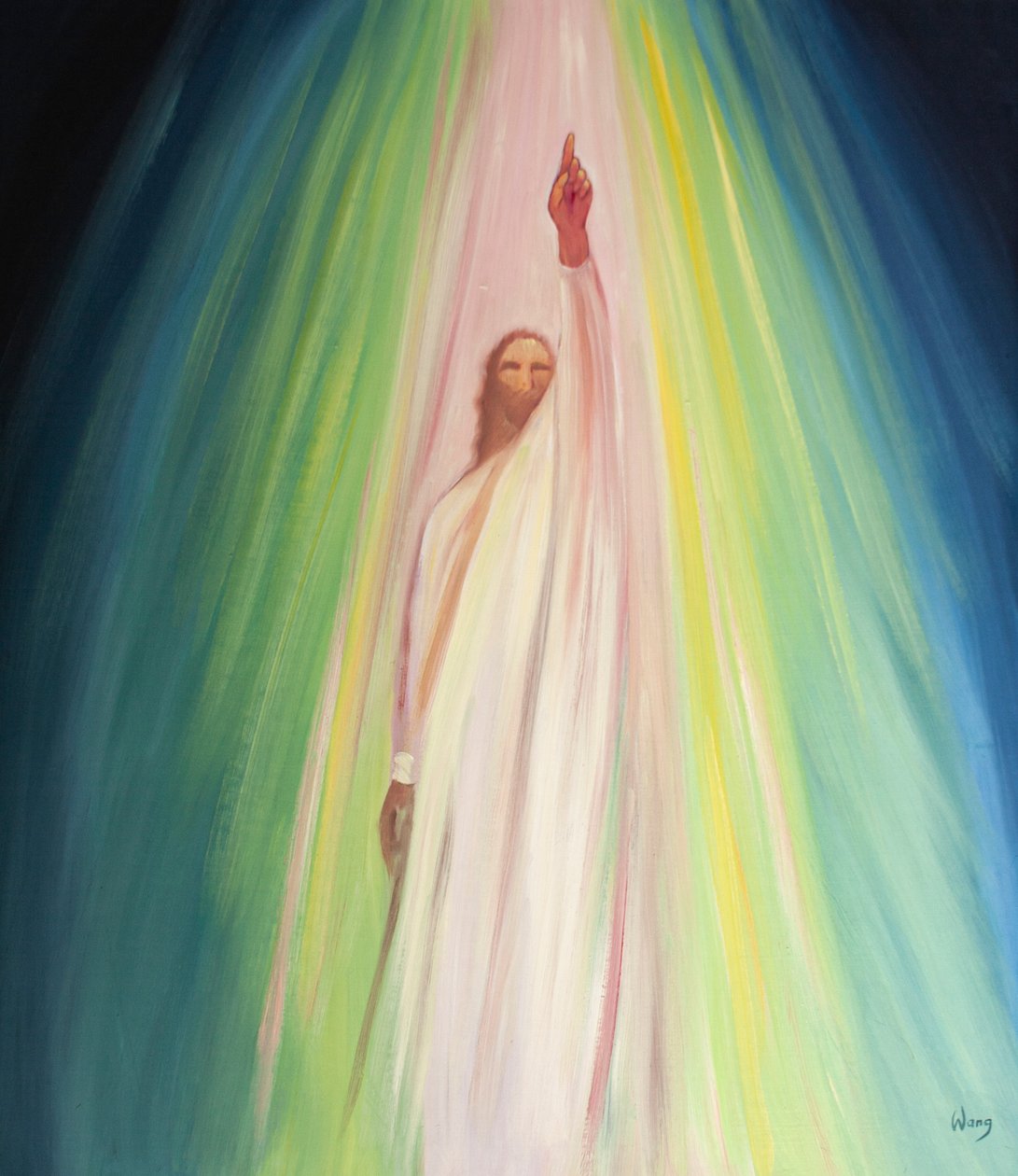 Jesus oppfordrer oss til å komme nærmere Faderen og rette våre bønner til ham, 2001 (olje om bord) av Elizabeth Wang