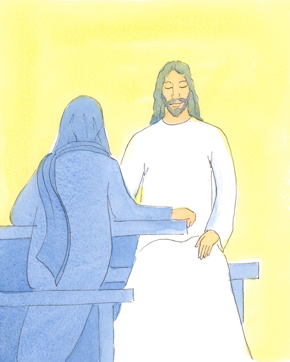 Jesus ble forfrisket og glad ved å sitte sammen med vennene sine i Betania, i en velkommen stillhet, 2004 (w/c på papir) av Elizabeth Wang