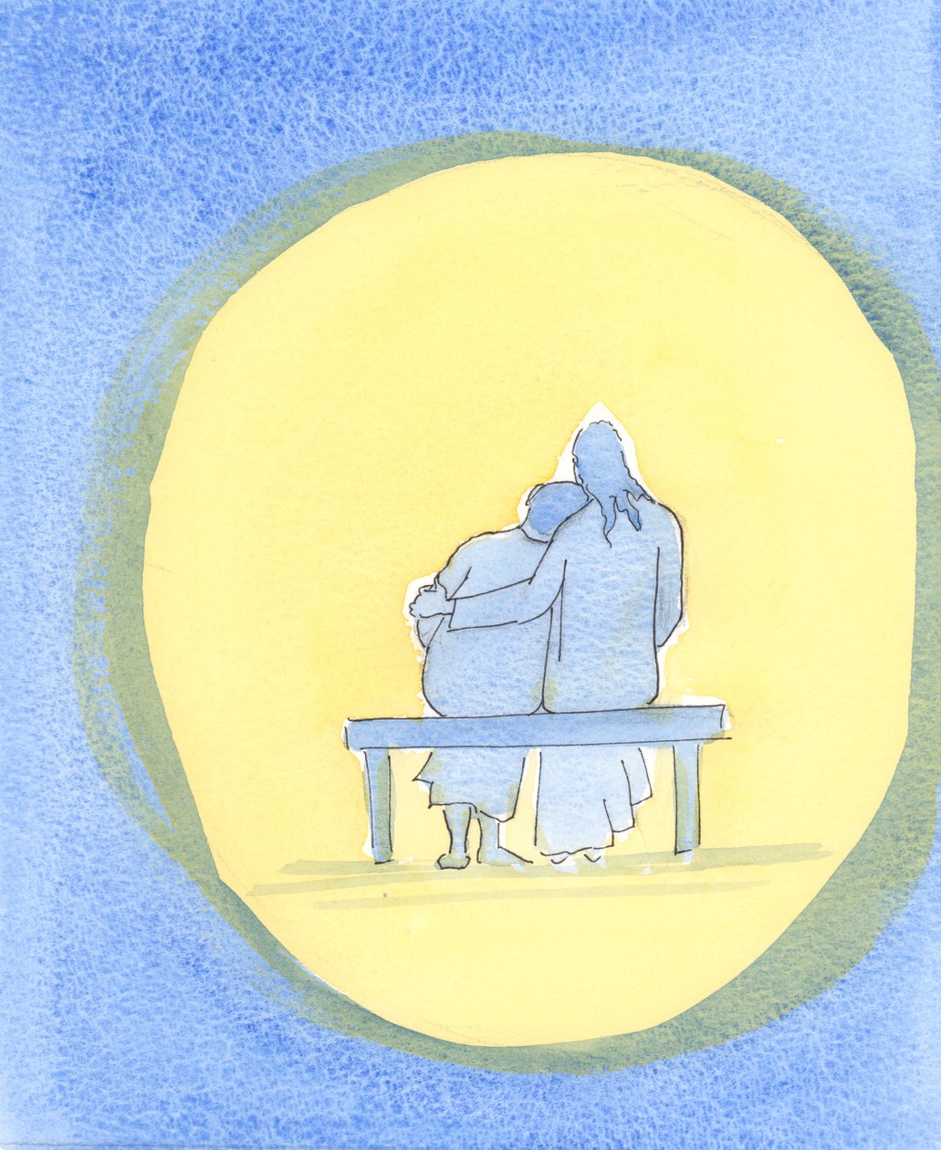 Jesu kjærlighet er personlig, øm og uforanderlig; han er alltid tilstede med oss, spesielt i det hellige sakramentet, og trøster oss med sitt nærvær., 2003 (w/c på papir) av Elizabeth Wang
