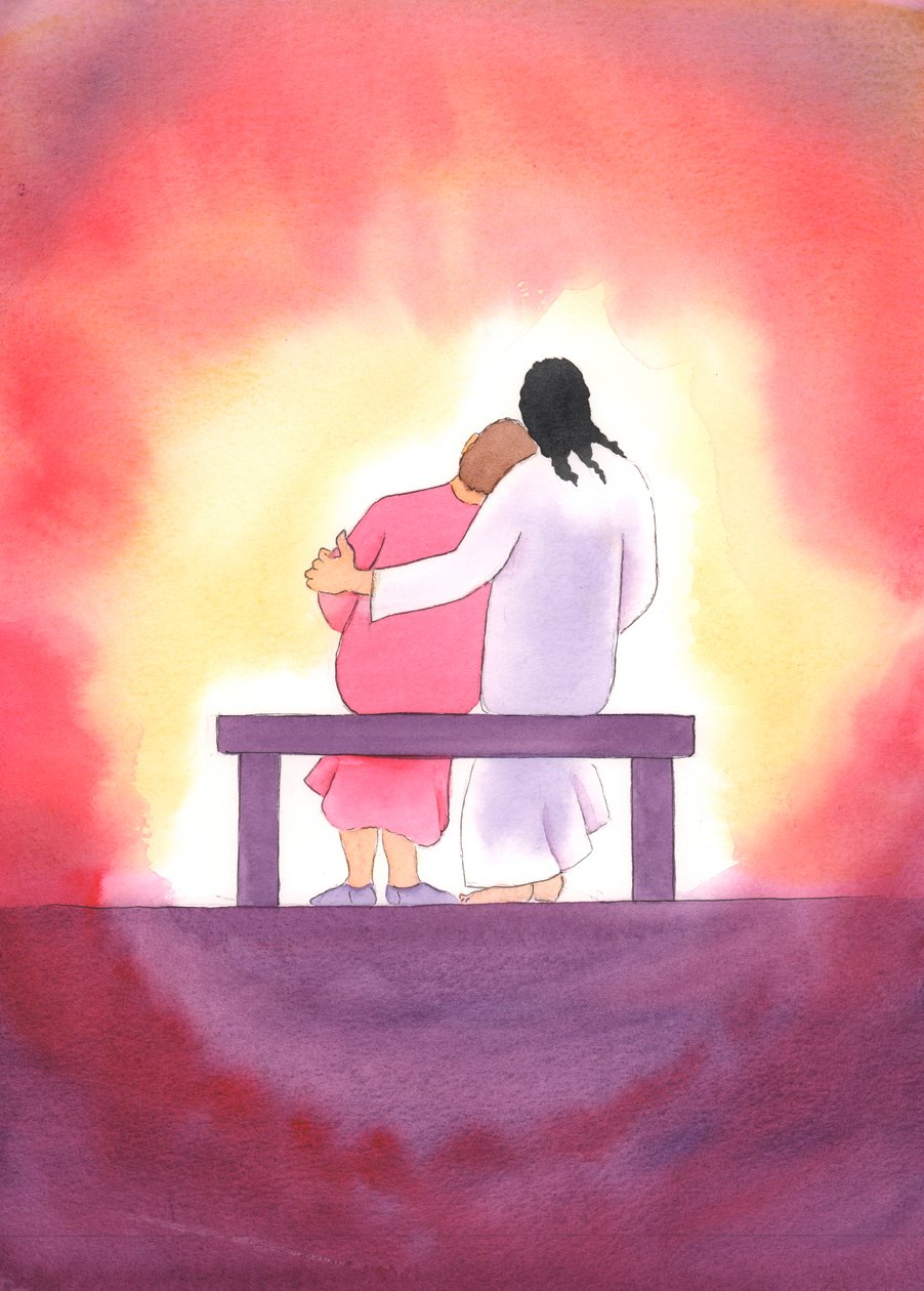 Jesu kjærlighet er personlig, øm og uforanderlig; han er alltid tilstede med oss, spesielt i det hellige sakramentet, og trøster oss med sitt nærvær., 2003 (w/c på papir) av Elizabeth Wang