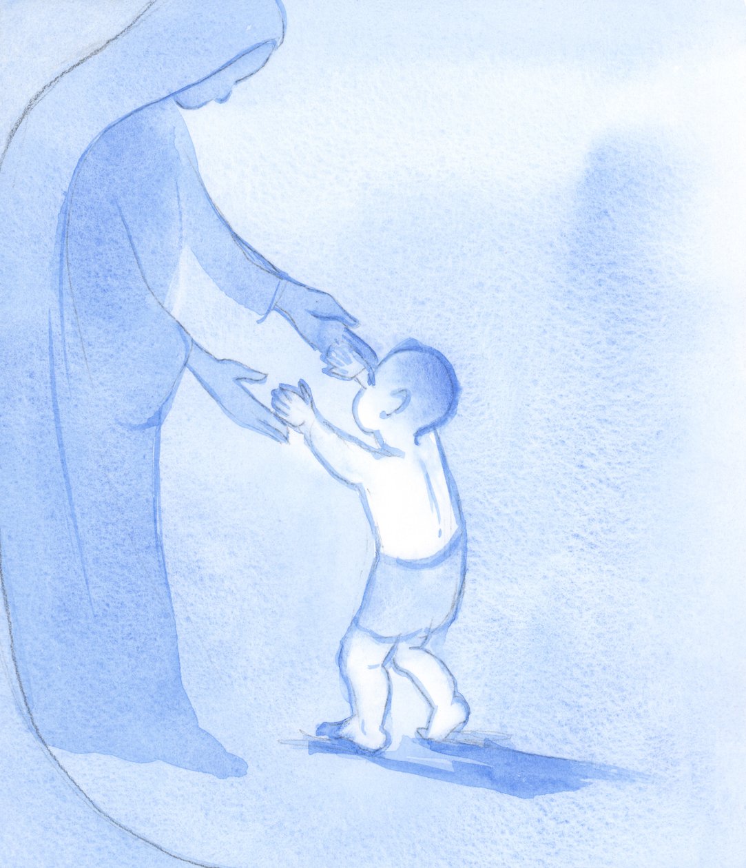 Akkurat som Kristus rullet jevnt fremover, holdt av sin mor, slik kan vi gå som enkle tillitsfulle barn, uredde og håpefulle, 2002 (w/c på papir) av Elizabeth Wang