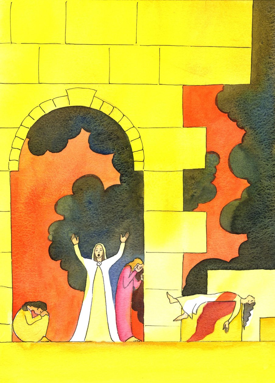 Mange år før Kristus ble født, ble Jerusalem invadert, og det hellige tempel vanhelliget og ødelagt, til folkets redsel, 2001 (w/c på papir) av Elizabeth Wang