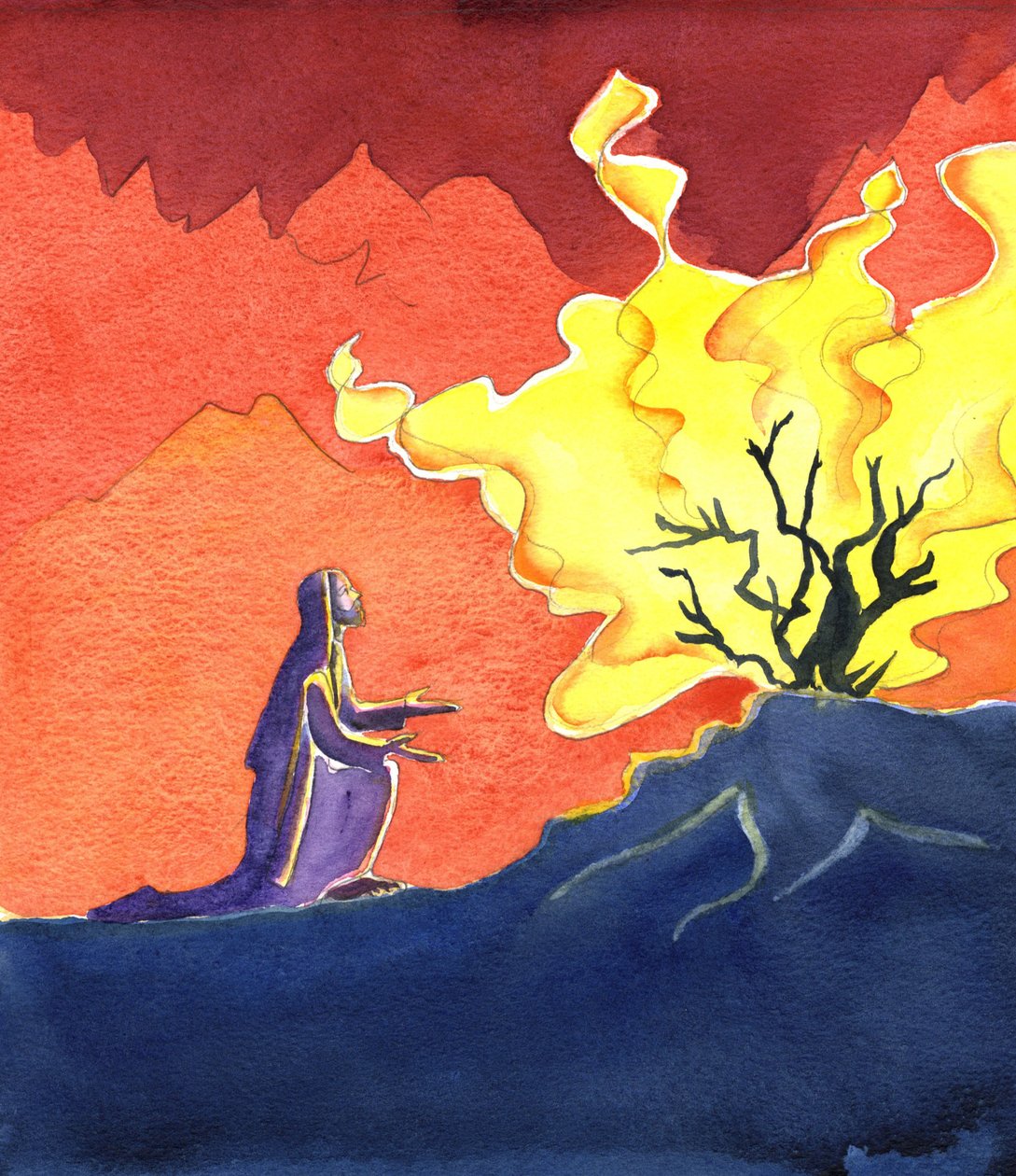 Moses og den brennende busken, 2001 (w/c på papir) av Elizabeth Wang
