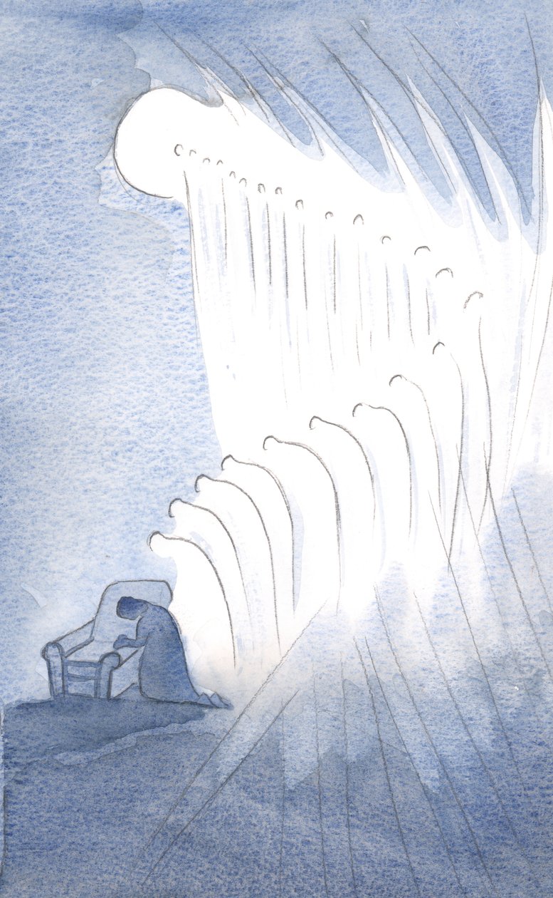 My Guardian Angel, og mange andre, bøyde seg i ærbødig bønn for ordene: "Ære være Faderen?", 2001 (w/c på papir) av Elizabeth Wang