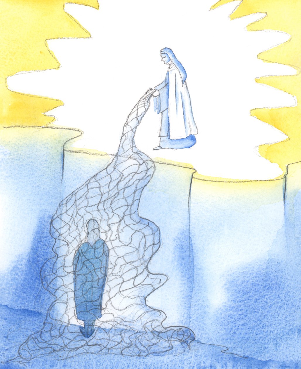 Når en helgen ser oss nærme seg en helligdom, og når vi ser vår hengivenhet, slipper en "nett" av nåde for å trekke oss nærmere himmelen, 2002 (w/c på papir) av Elizabeth Wang