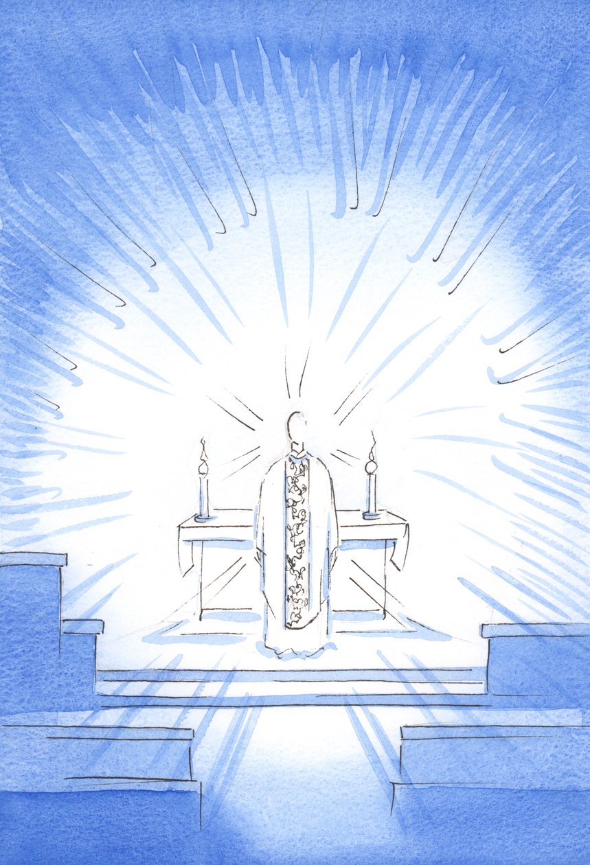 På besøksfesten dukket Kristus opp, iført et gyllent kapsel til ære for sin hellige mor Maria, 2002 (w/c på papir) av Elizabeth Wang