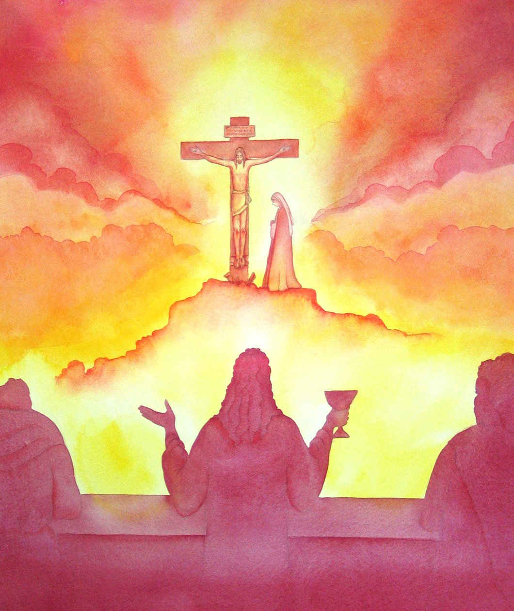Kvelden før han døde, innstiftet Jesus den hellige eukaristien, ved det siste måltid, 2001 (w/c på papir) av Elizabeth Wang