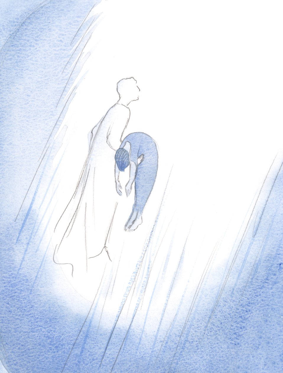 En gang omfavnet Kristus raskt en avdød sjel etter dens renselse, og løftet den - som en nyfødt baby som nettopp ble født - høyt mot himmelen., 2001 (w/c på papir) av Elizabeth Wang