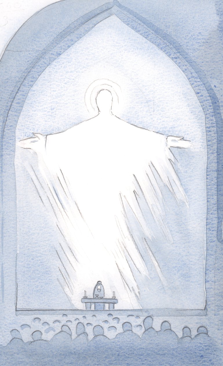 En dag, ved innvielsen, fylte Kristi nærvær helligdommen, i herlighet, 2000 (w/c på papir) av Elizabeth Wang