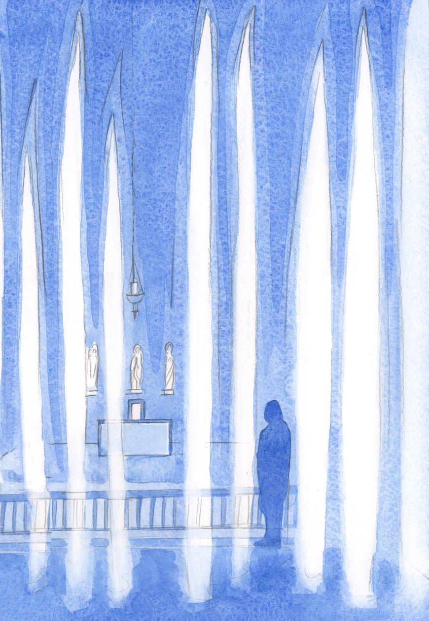 En som går for å be foran Kristus i det hellige sakramentet plasserer seg selv blant englene som står i stille tilbedelse, 2001 (w/c på papir) av Elizabeth Wang