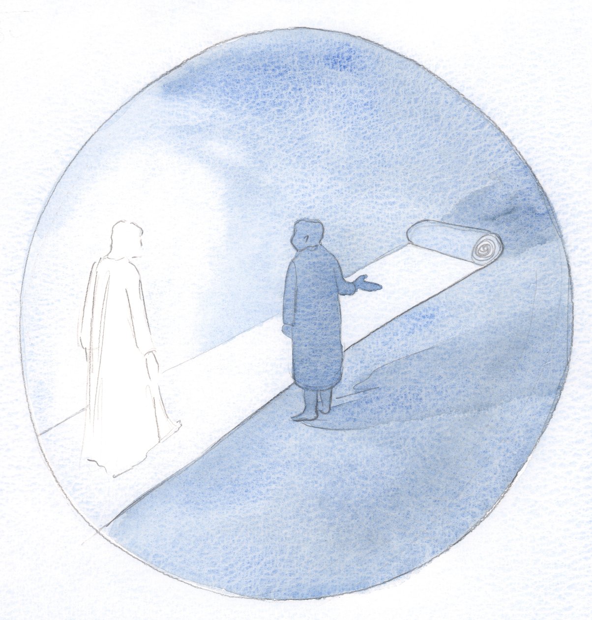 Livet vårt fremover er som en kongelig motorvei. Vi kan gå ut på det og kreve oppmerksomhet, eller vi kan gå tålmodig bak Kristus., 2001 (w/c på papir) av Elizabeth Wang