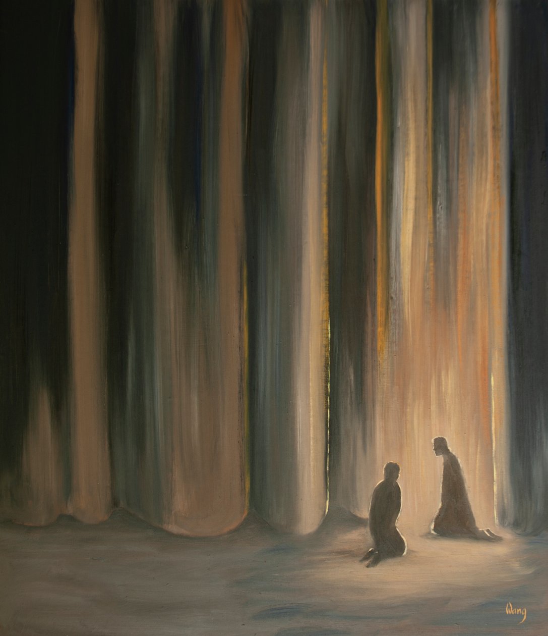 Våre bønner, selv i mørket, forener oss med Jesus, som forbereder oss på den himmelske herligheten som ligger bak forhenget, 2001 (olje om bord) av Elizabeth Wang