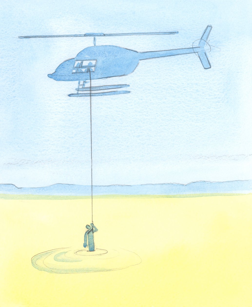 Folk blir hjulpet av våre forbønn for dem i bønn like sikkert som en desperat person fanget i en kvikksand blir hjulpet av venner som vinsjer ham i sikkerhet fra et helikopter, 2003 (w/c på papir) av Elizabeth Wang