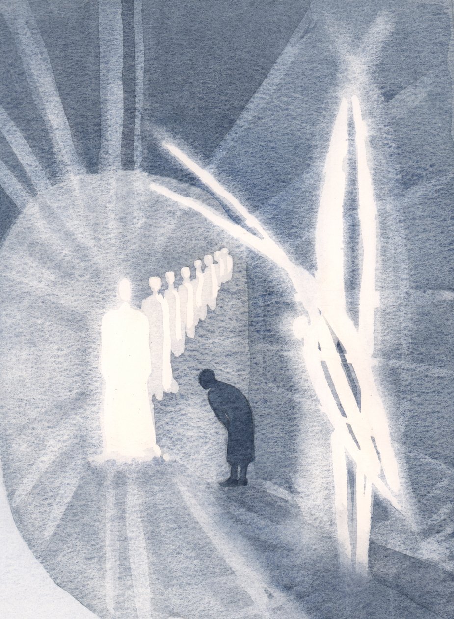 Noen ganger er Kristus tilstede for sjelen, i sin herlighet, tilbedt av vår skytsengel. Vi trenger bare å delta, og forgude, 2000 (w/c på papir) av Elizabeth Wang