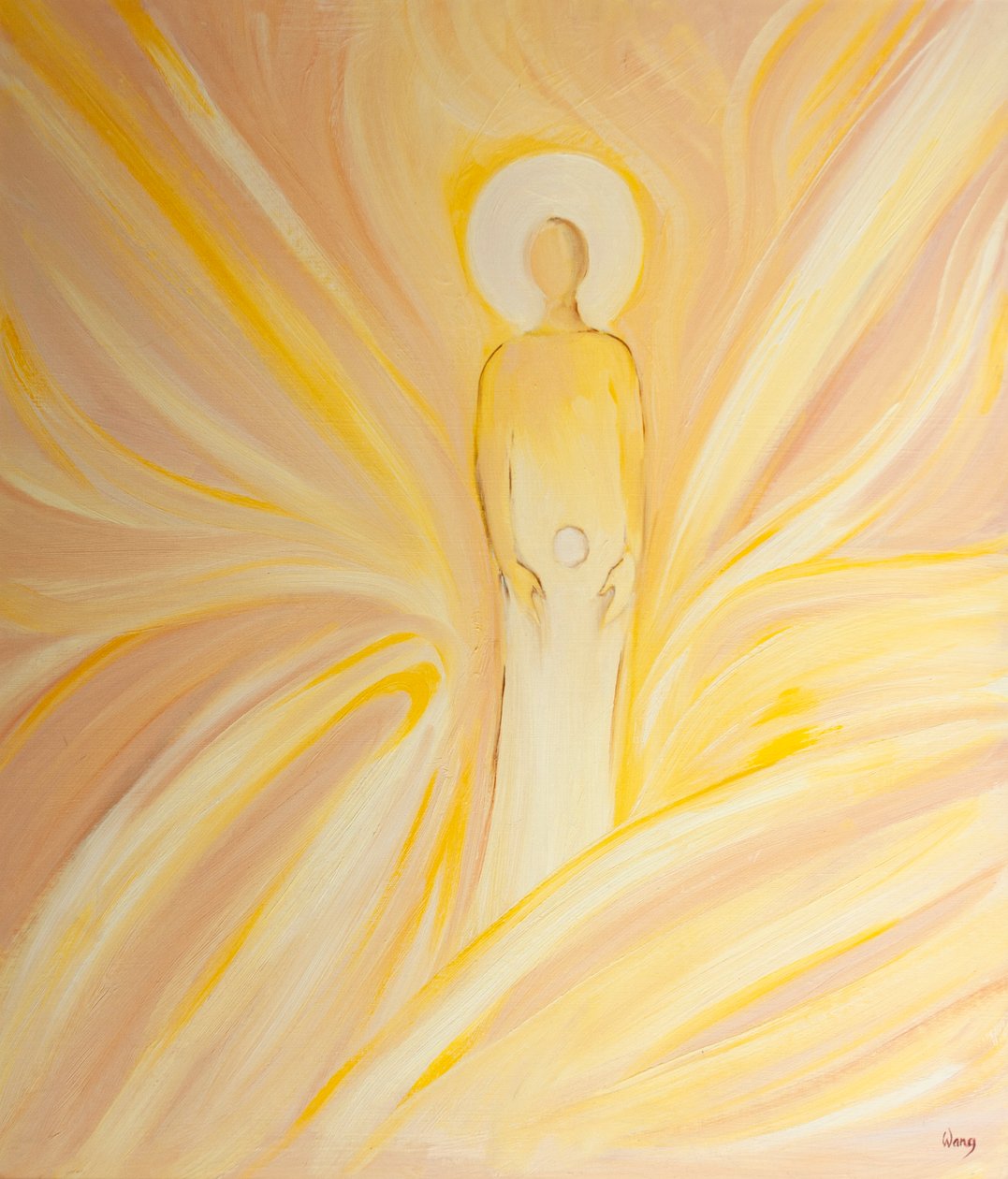 Den hellige Anne unnfanget i hennes liv Den Ulastelige, som en vert; jomfru Maria, som skulle bli Guds mor, 2000 (olje om bord) av Elizabeth Wang