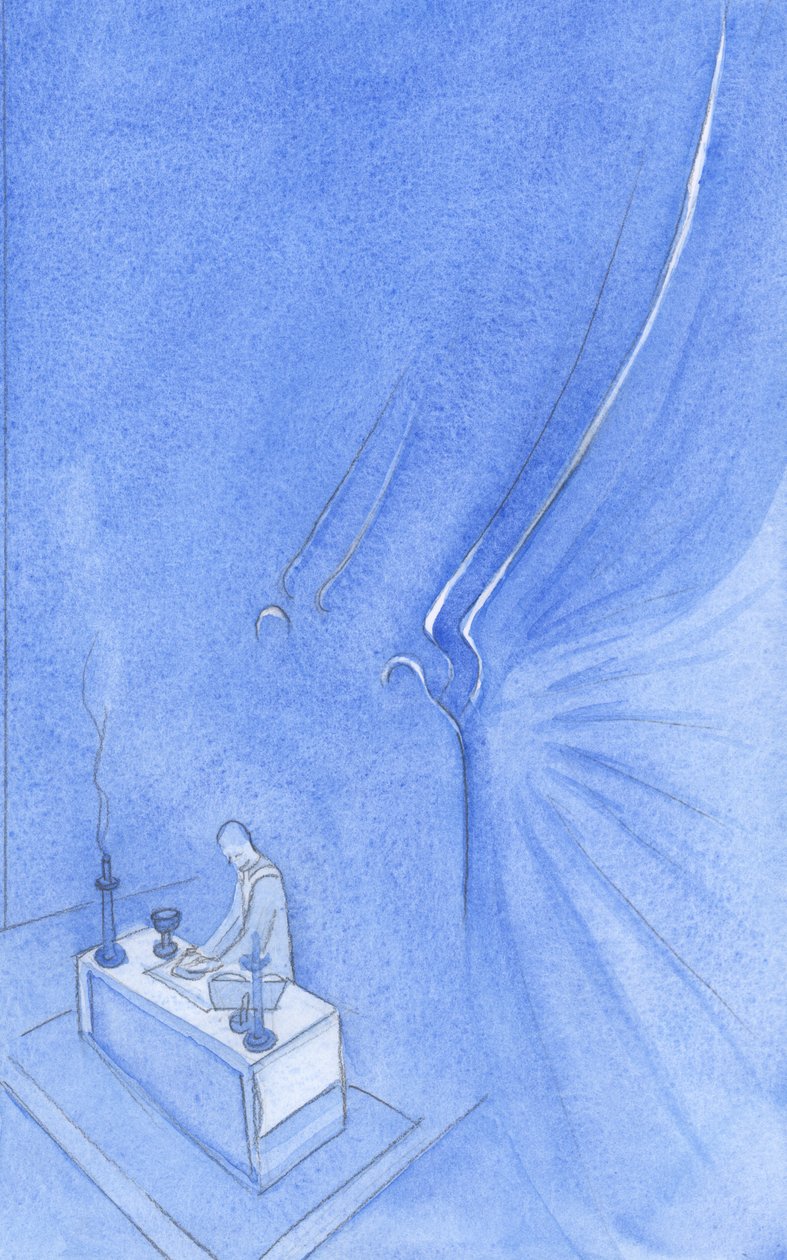 Bak alteret står to hellige engler: høye, fantastiske, vakre som en form i ildlys, skinnende gull på hode og vinge, 2001 (w/c på papir) av Elizabeth Wang