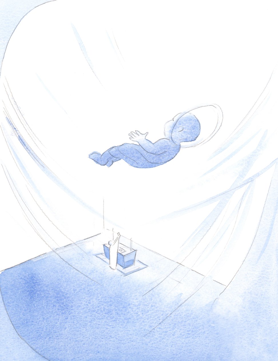 Kristus-barnet ofret seg selv til Faderen ved midnattsmessen i julen, og kjærlig ofret sitt liv til Faderens ære., 2001 (w/c på papir) av Elizabeth Wang