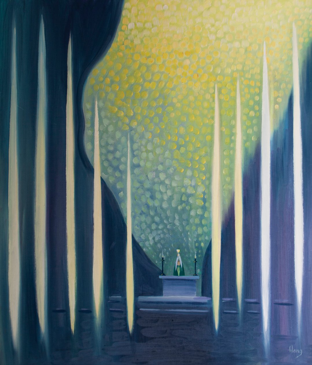 De hellige sjeler, sammen med englene, tilber med oss i messen, 2001 (olje om bord) av Elizabeth Wang