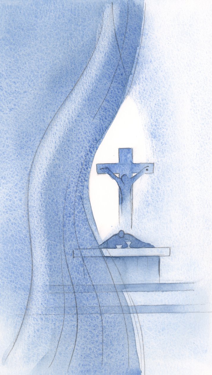 Den Hellige Ånd gjennomborer forhenget ved den hellige messe, og åpenbarer for oss mysteriet om Kristi lidelser., 2000 (w/c på papir) av Elizabeth Wang