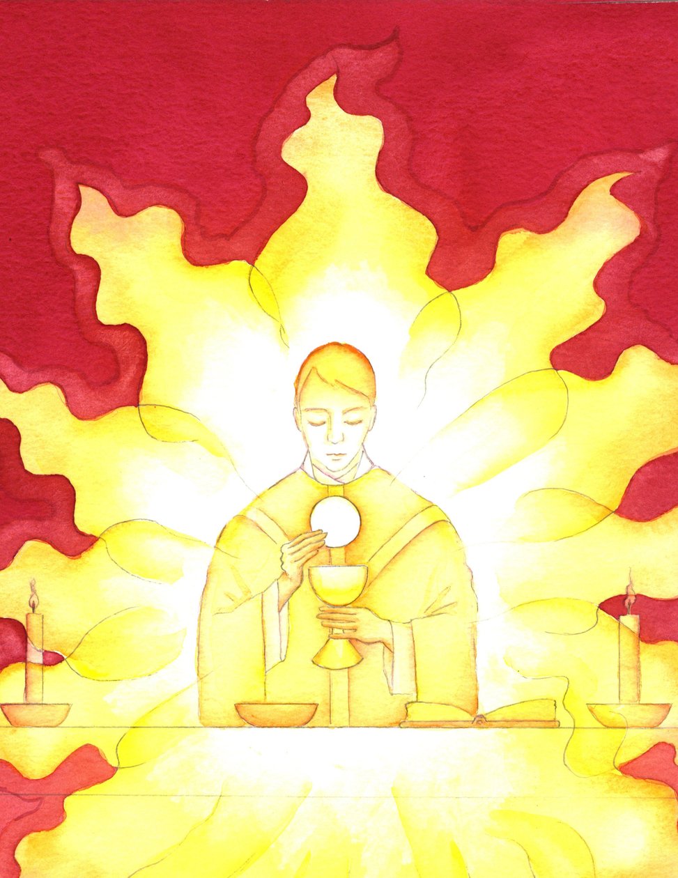 Jesu nærvær i nattverden er som en flammende herlighetsild, 2001 (w/c på papir) av Elizabeth Wang