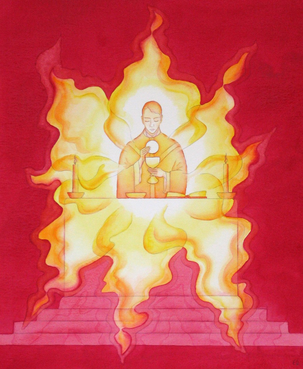 Jesu nærvær i nattverden er som en flammende herlighetsild, 2001 (w/c på papir) av Elizabeth Wang