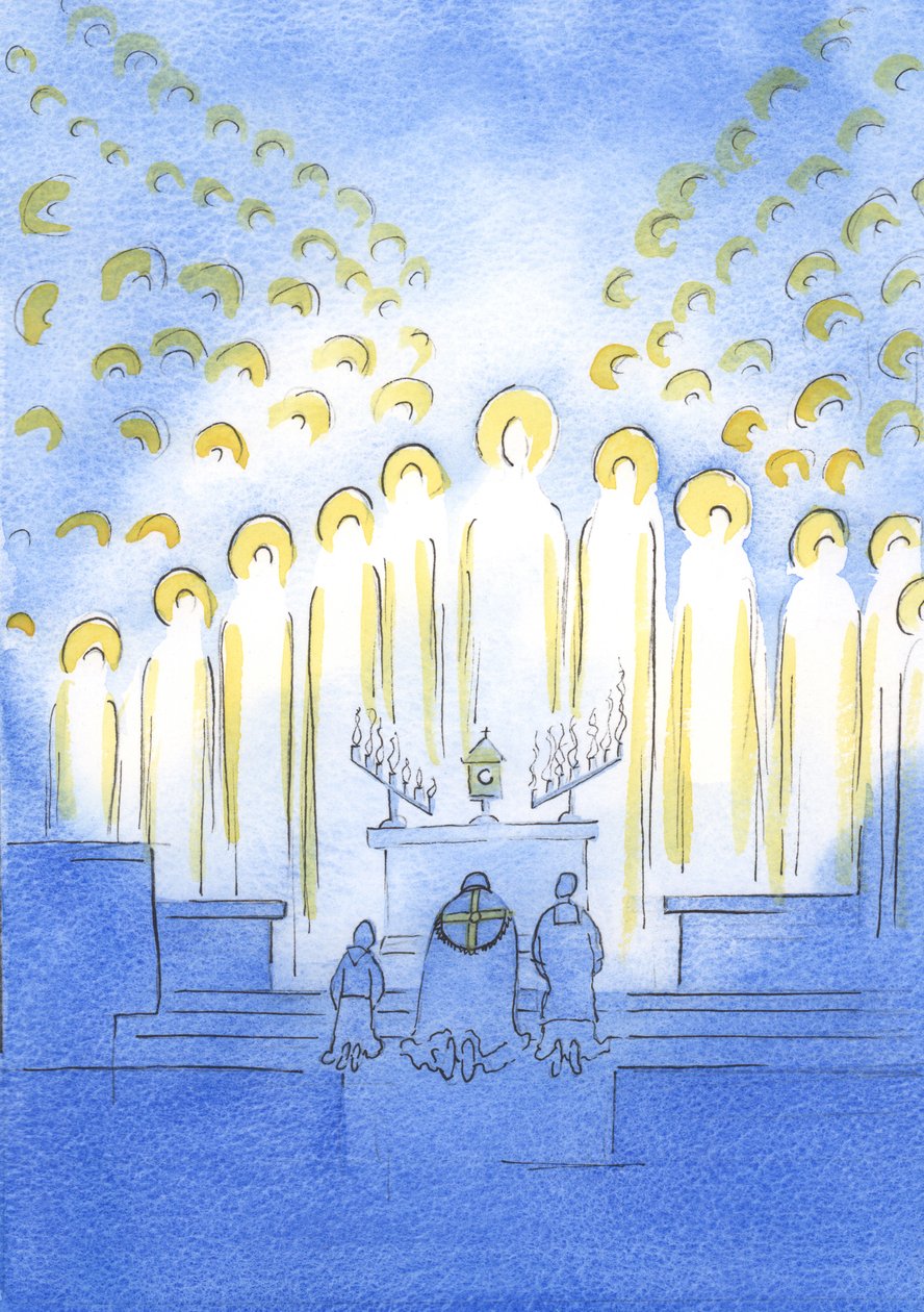 De hellige er samlet her med Kristus, på utstilling, alle strålende av glede over hans kjærlighet og vår hengivenhet, 2003 (w/c på papir) av Elizabeth Wang