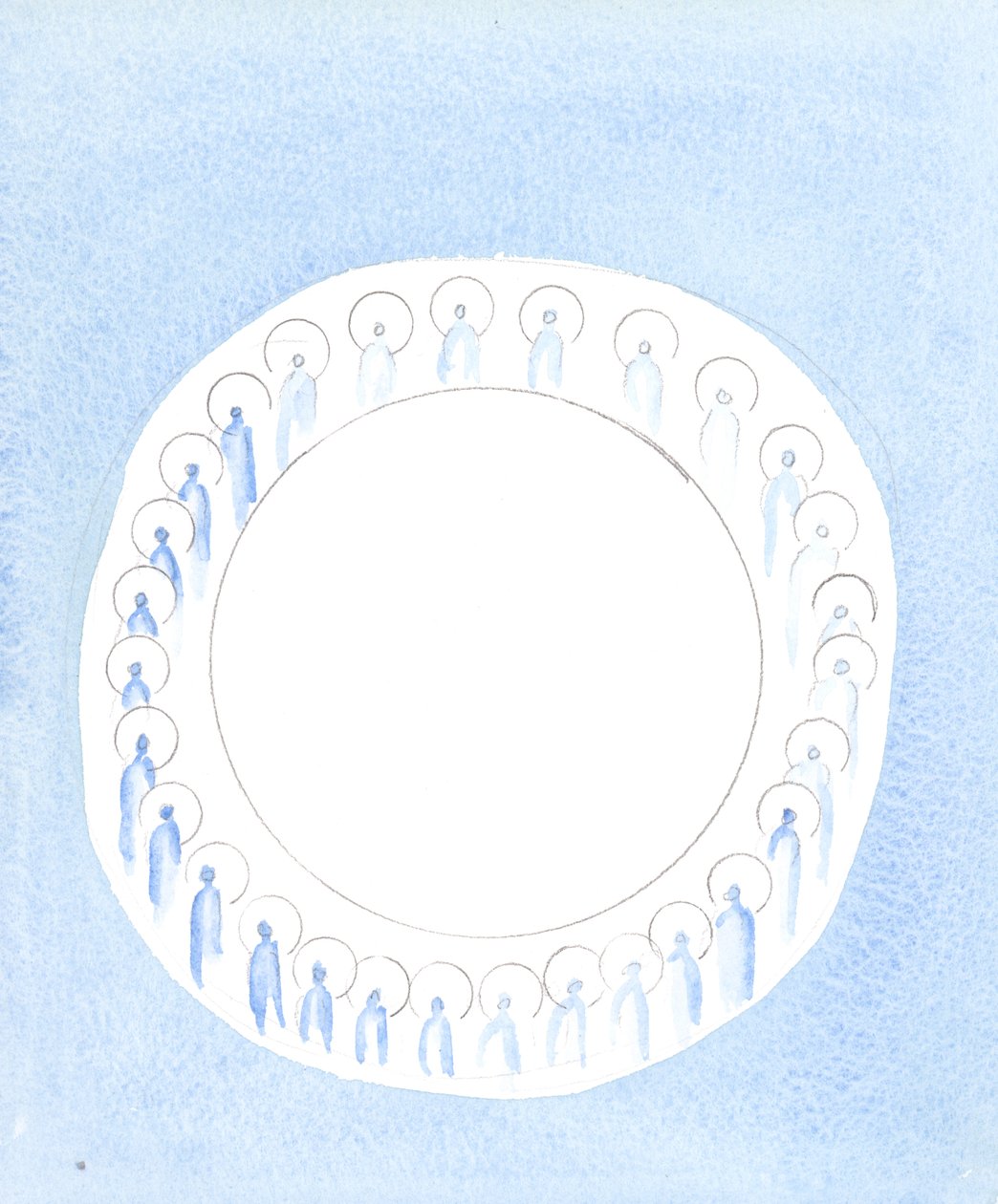 De tre guddommelige personene er forent og aktive i guddommens enhet, som om de kretser rundt i uopphørlig fellesskap, 2003 (w/c på papir) av Elizabeth Wang