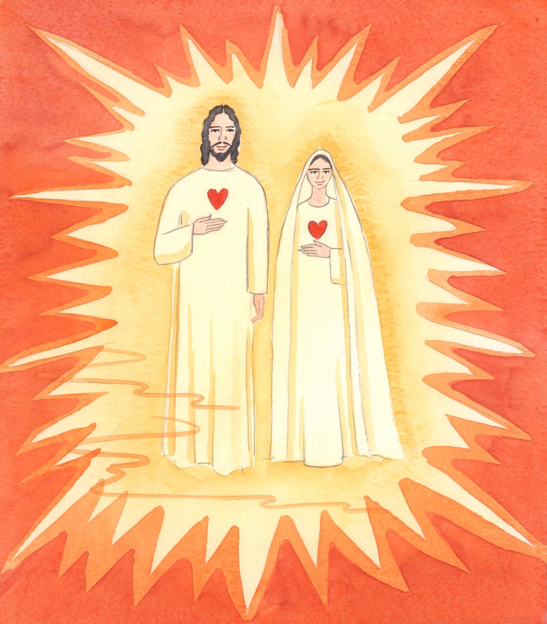 De to hellige hjerter: Jeg ble vist den syndfrie Kristus, og hans ulastelige mor, i himmelens strålende lys, 2003 (w/c på papir) av Elizabeth Wang