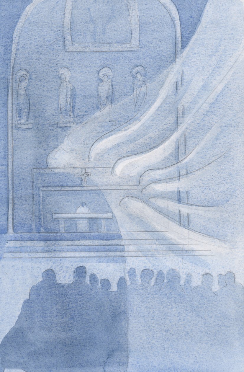 Englene forguder Kristus i den hellige eukaristien, 2001 (w/c på papir) av Elizabeth Wang
