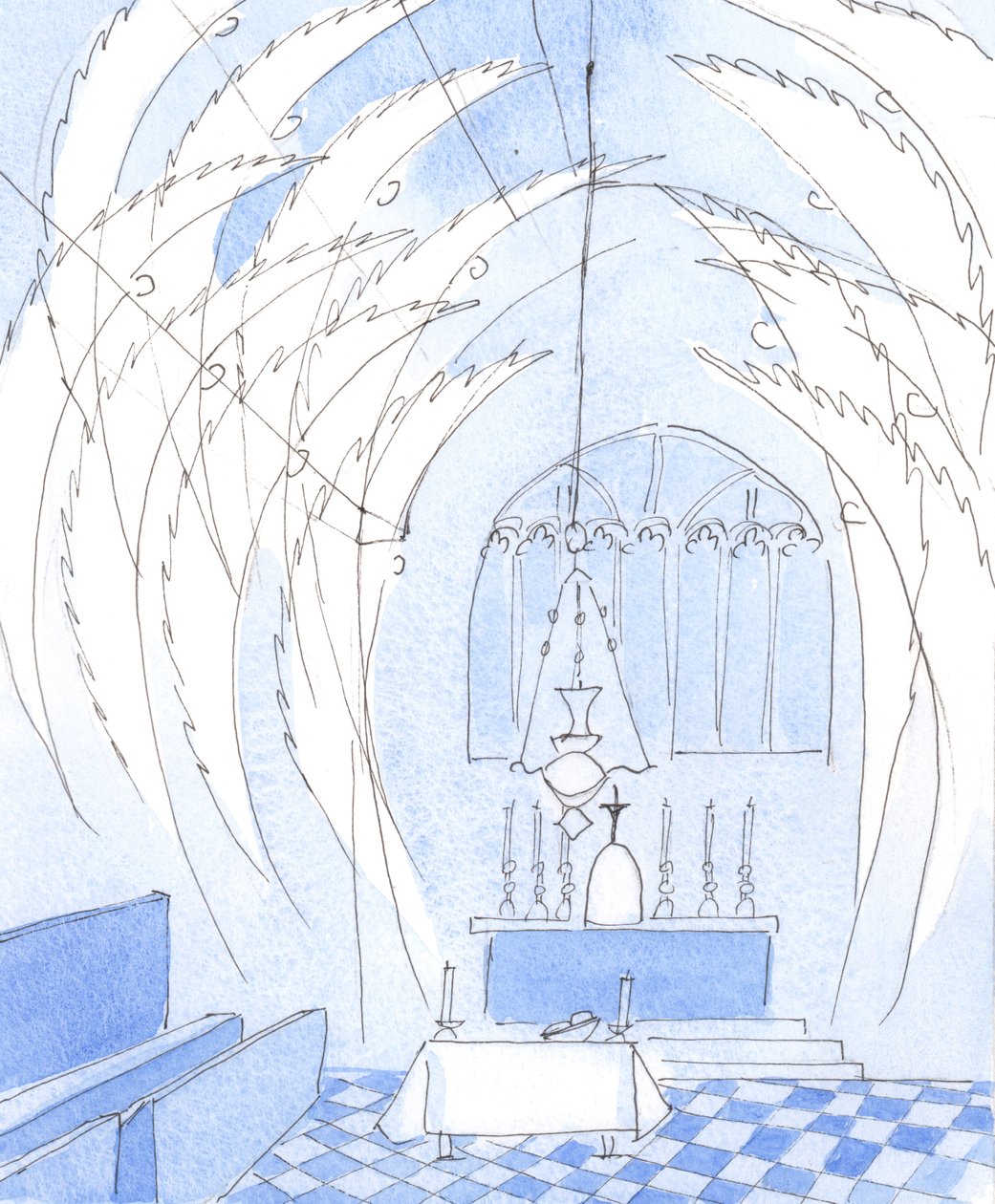 Englene omgir helligdommen ved messe, 2004 (w/c på papir) av Elizabeth Wang
