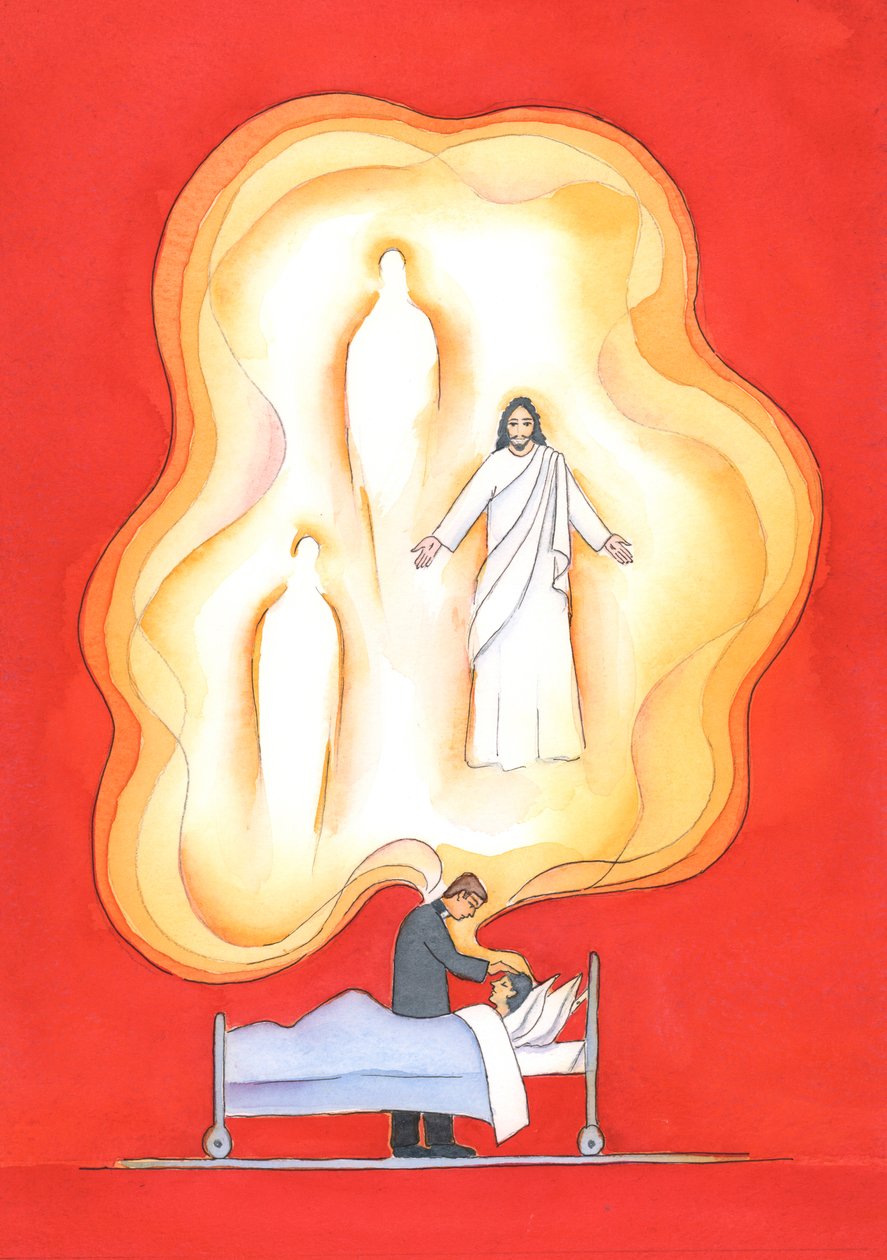 Velsignelsene gitt i de sykes sakrament er gaver fra den hellige treenighet, som gir en fornyet del i livet til den hellige treenighet, med tilgivelse, fred og mange andre gaver., 2004 (w/c) av Elizabeth Wang