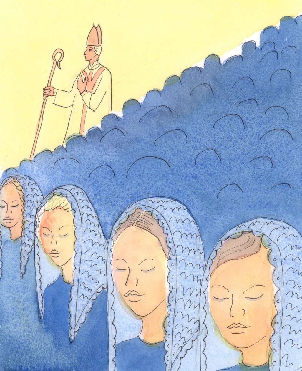 Tildekking og avdekking av hodet er viktig for Bishops, 2004 (w/c på papir) av Elizabeth Wang